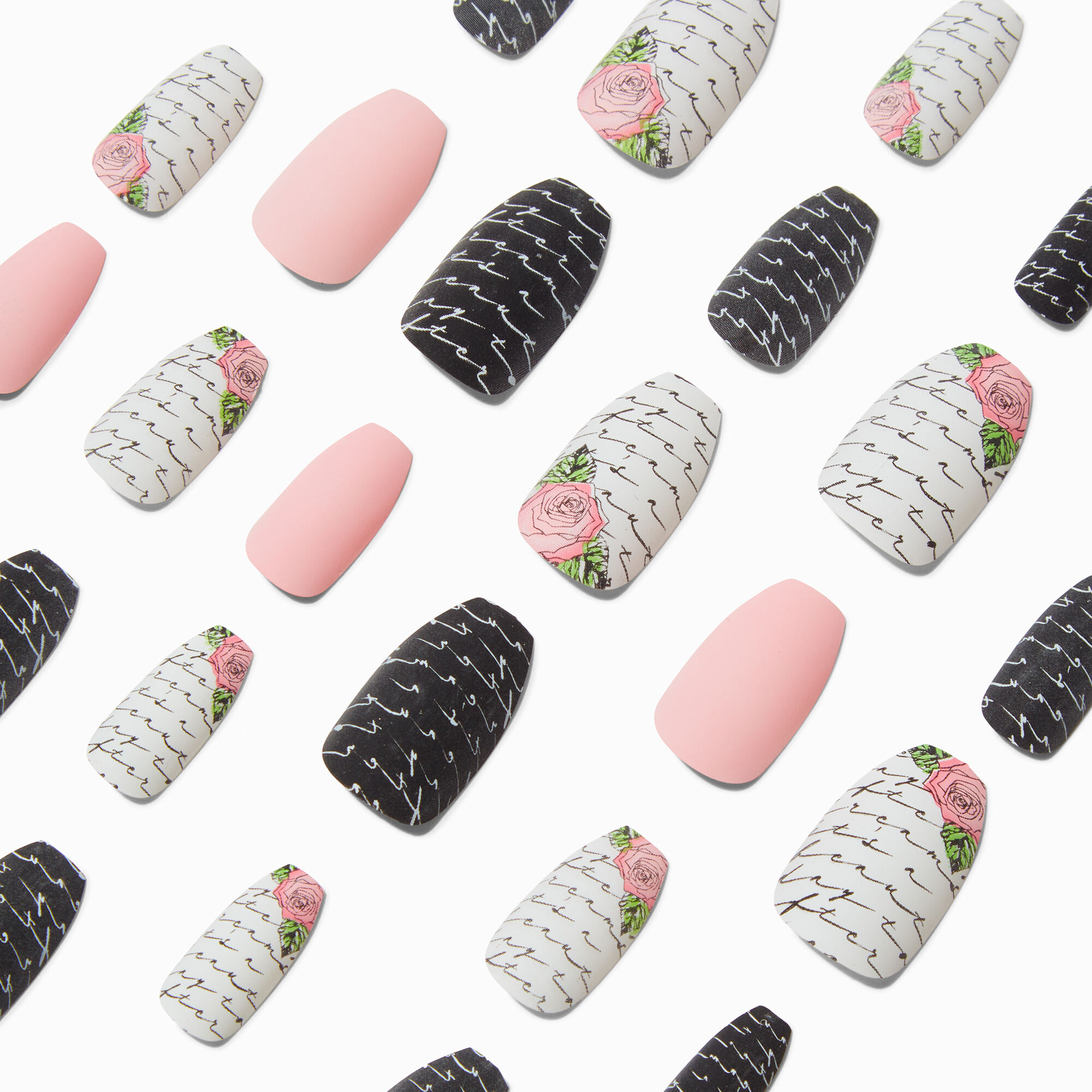 Pink Rose Script Coffin Vegan Faux Nail Set - 24 Pack,