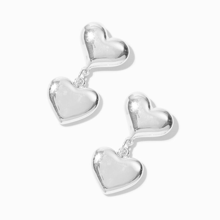 Silver-tone Puffy Double Heart Drop Earrings,