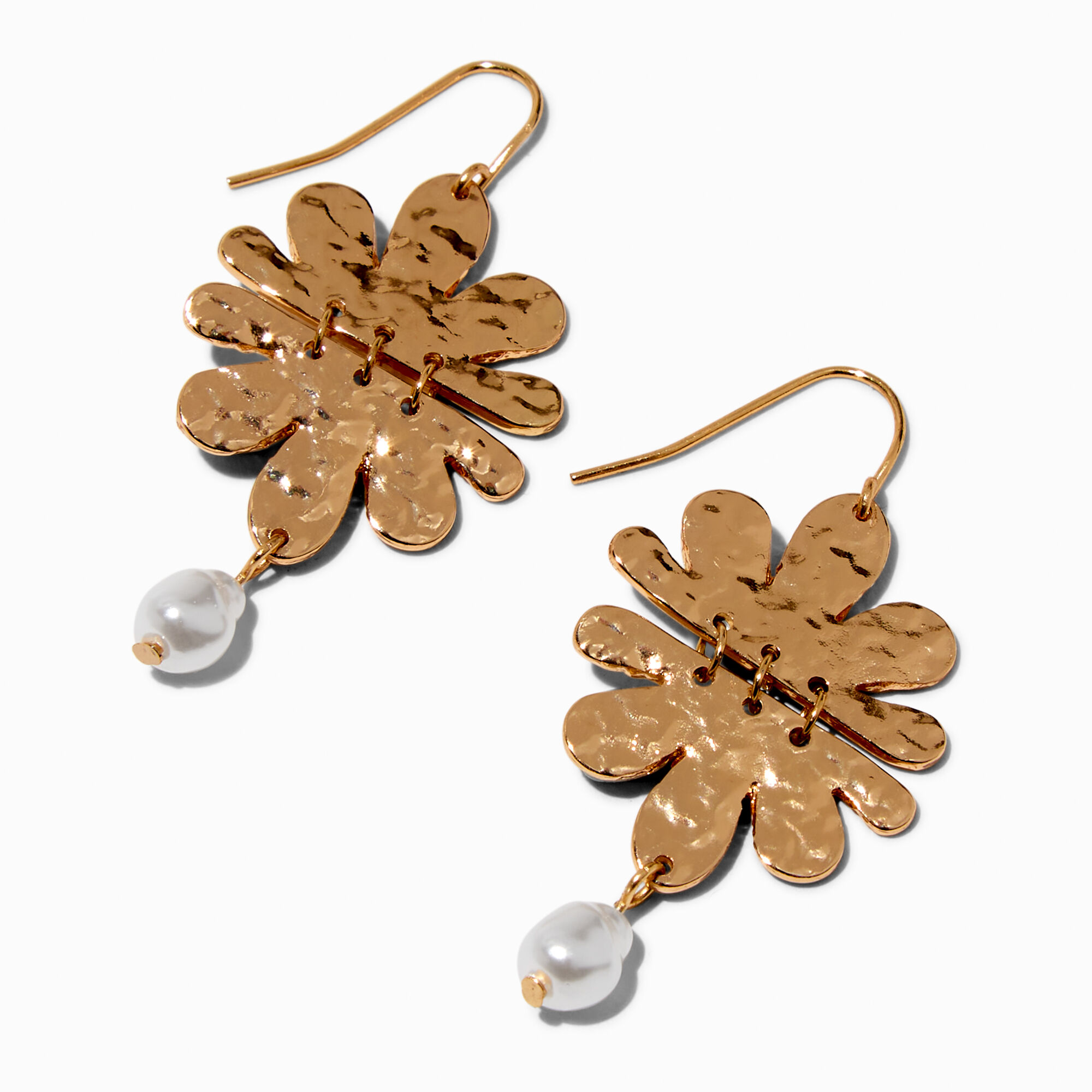 View Claires Tone Flower Hinged 2 Drop Earrings Gold information