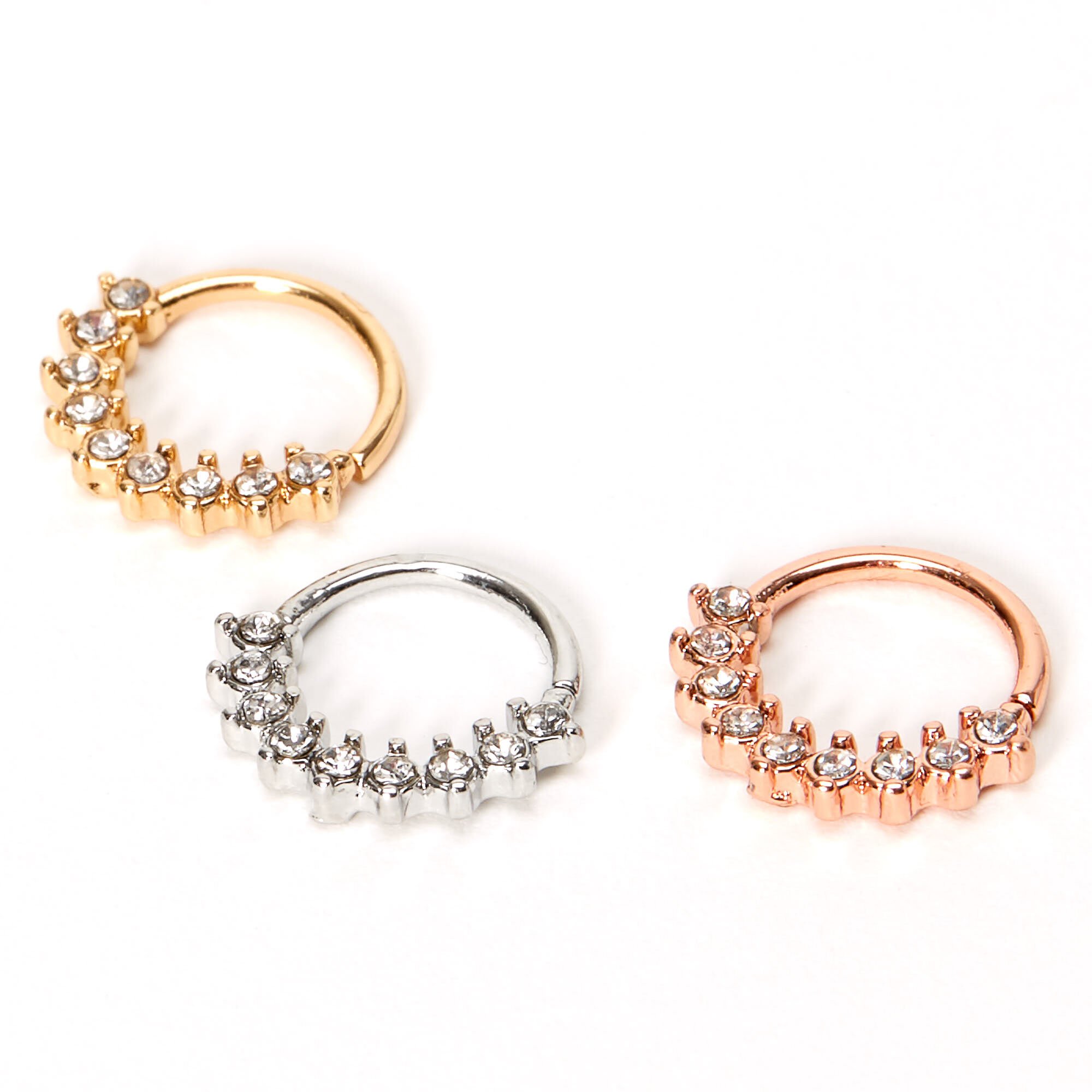 View Claires Mixed Metal 18G Crystal Luxe Cartilage Hoop Earrings 3 Pack Rose Gold information