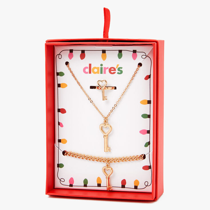 Coffret cadeau parure de bijoux cl&eacute; c&oelig;ur couleur dor&eacute;e - Lot de 3,