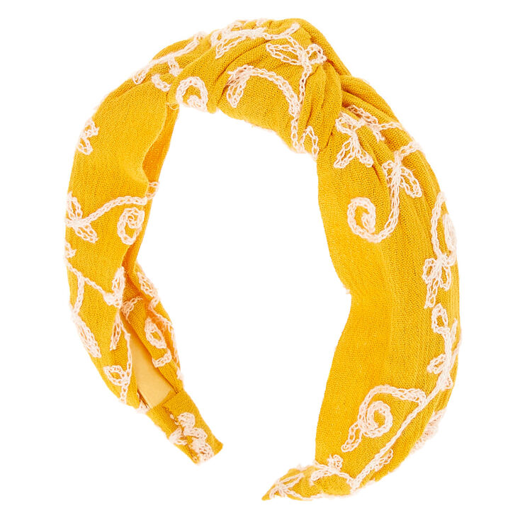 Claire's Serre-tête noué floral brodé - Jaune moutarde