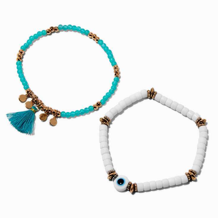 Lot de bracelets &eacute;lastiques perl&eacute;s mauvais &oelig;il pompon couleur turquoise - Lot de 2,