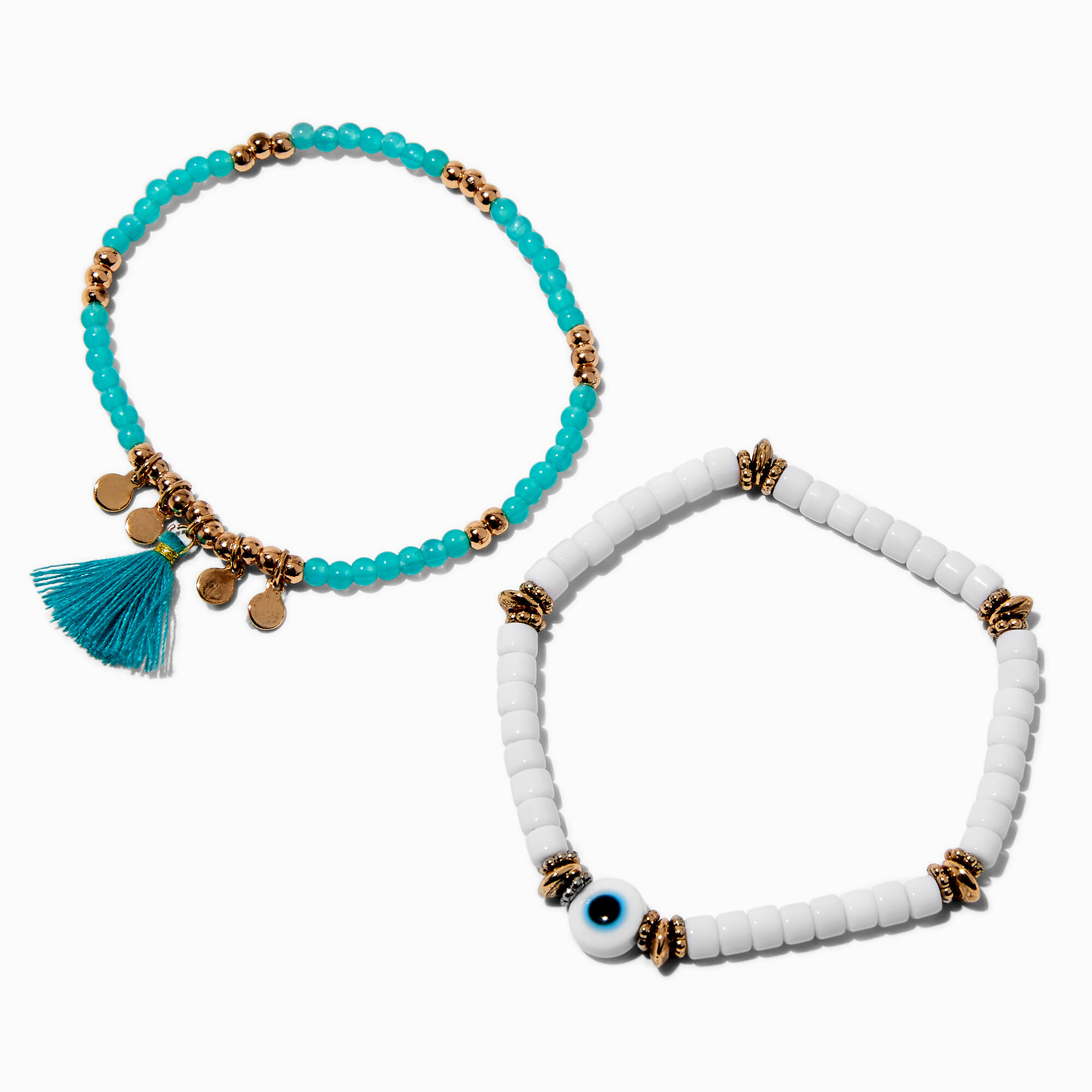 View Claires Tassel Evil Eye Beaded Stretch Bracelet Set 2 Pack Turquoise information