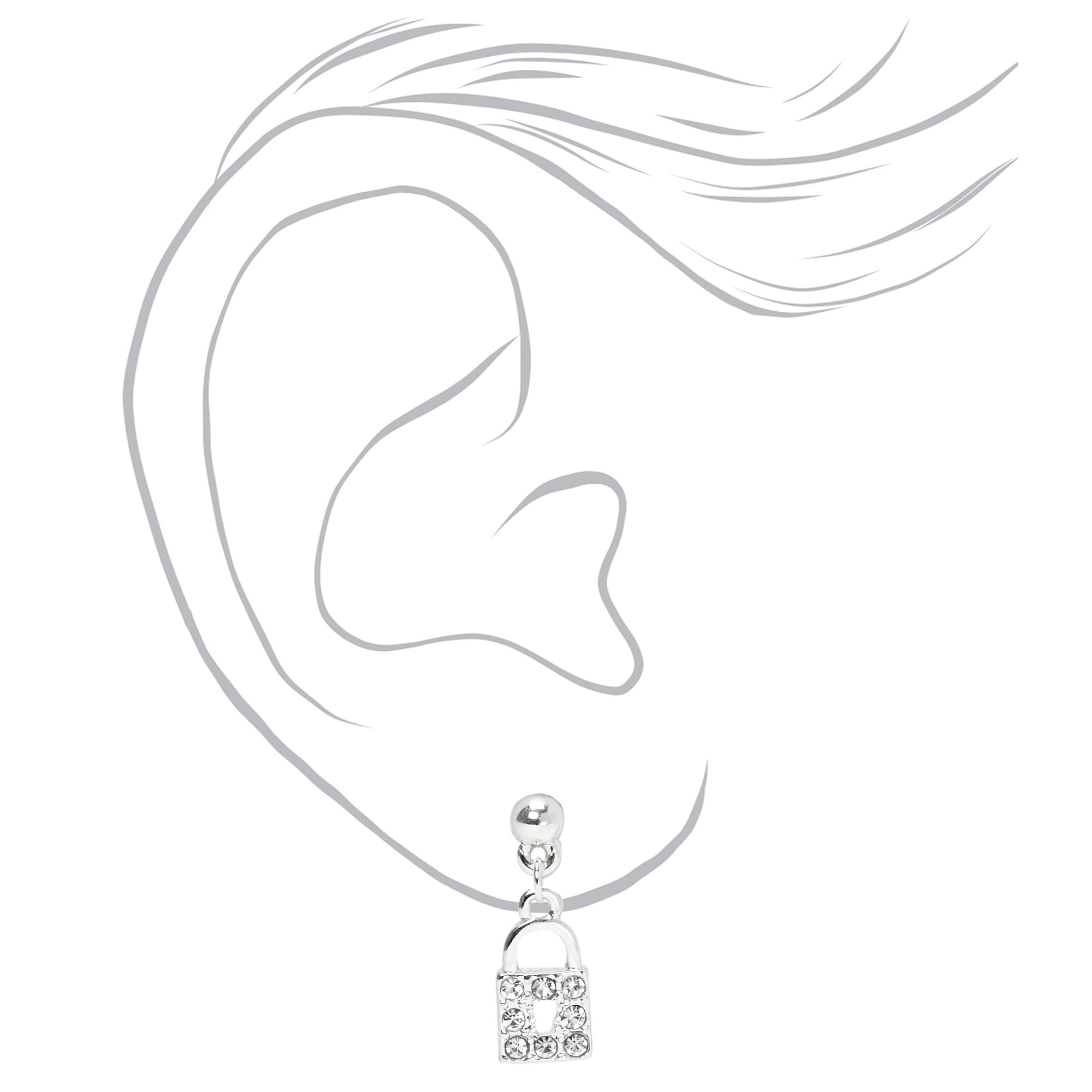 Silver Heart Lock & Key Dangly Drop Earrings - 3 Pack,