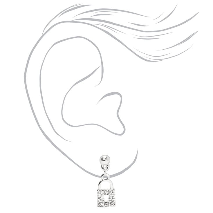 Silver Heart Lock &amp; Key Dangly Drop Earrings - 3 Pack,