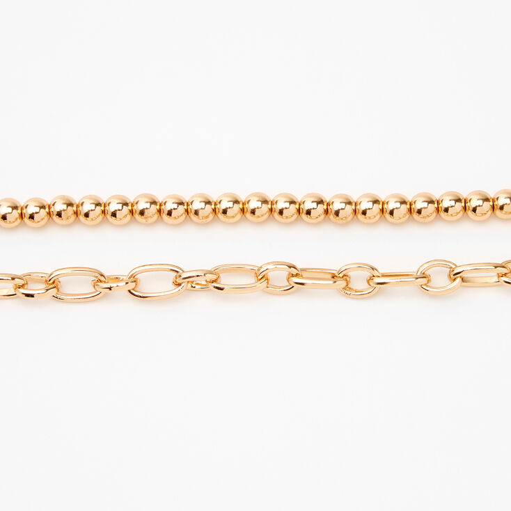 Gold Bead &amp; Chain Link Multi Strand Choker Necklace,