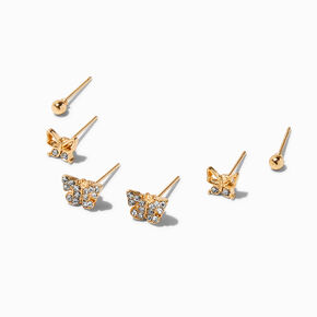 Gold-tone Crystal Butterfly Stud Earring Stack Set - 3 Pack ,