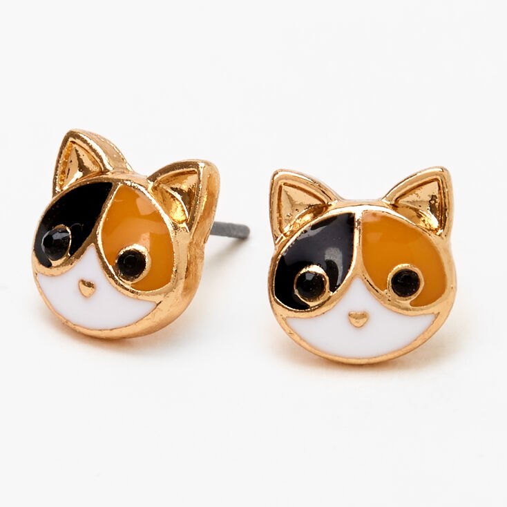 Gold-tone Calico Cat Stud Earrings,