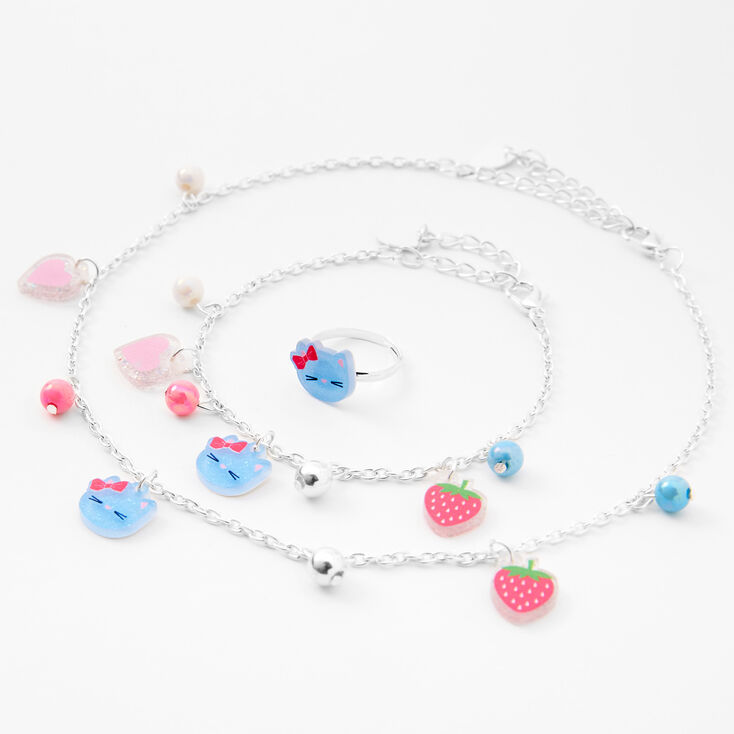 Claire&#39;s Club Silver Blue Cat &amp; Strawberry Jewelry Set - 3 Pack,