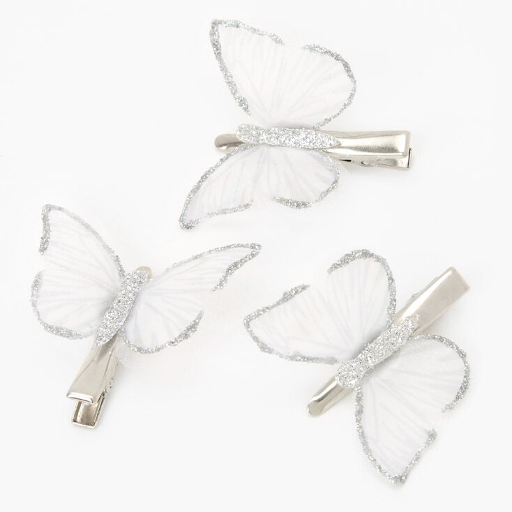 Silver Glitter Butterfly Hair Clips - Clear, 3 Pack,
