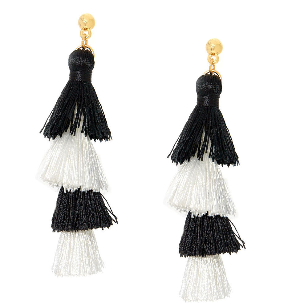 Black White Tiered Tassel Drop Earrings