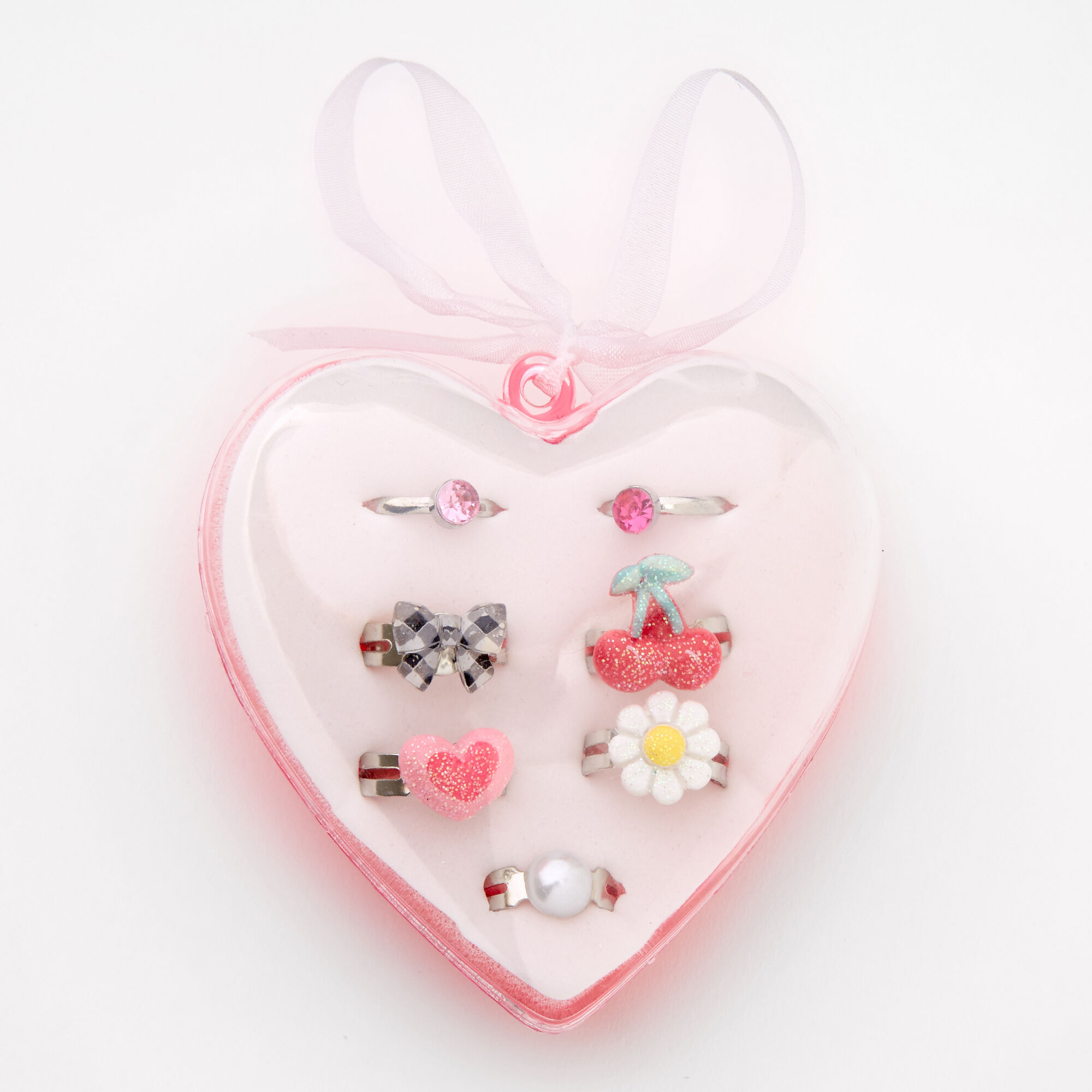 Boîte de bagues à breloques roses en forme de cœur Claire's Club - Lot de 7,