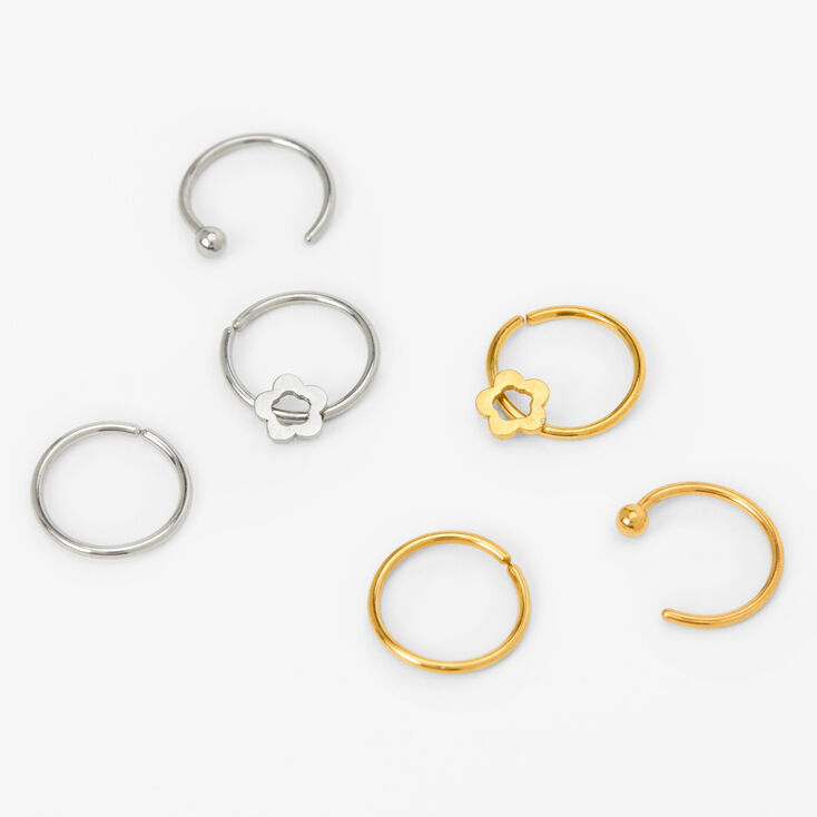 Gold &amp; Silver Daisy Cutout Nose Rings - 6 Pack,
