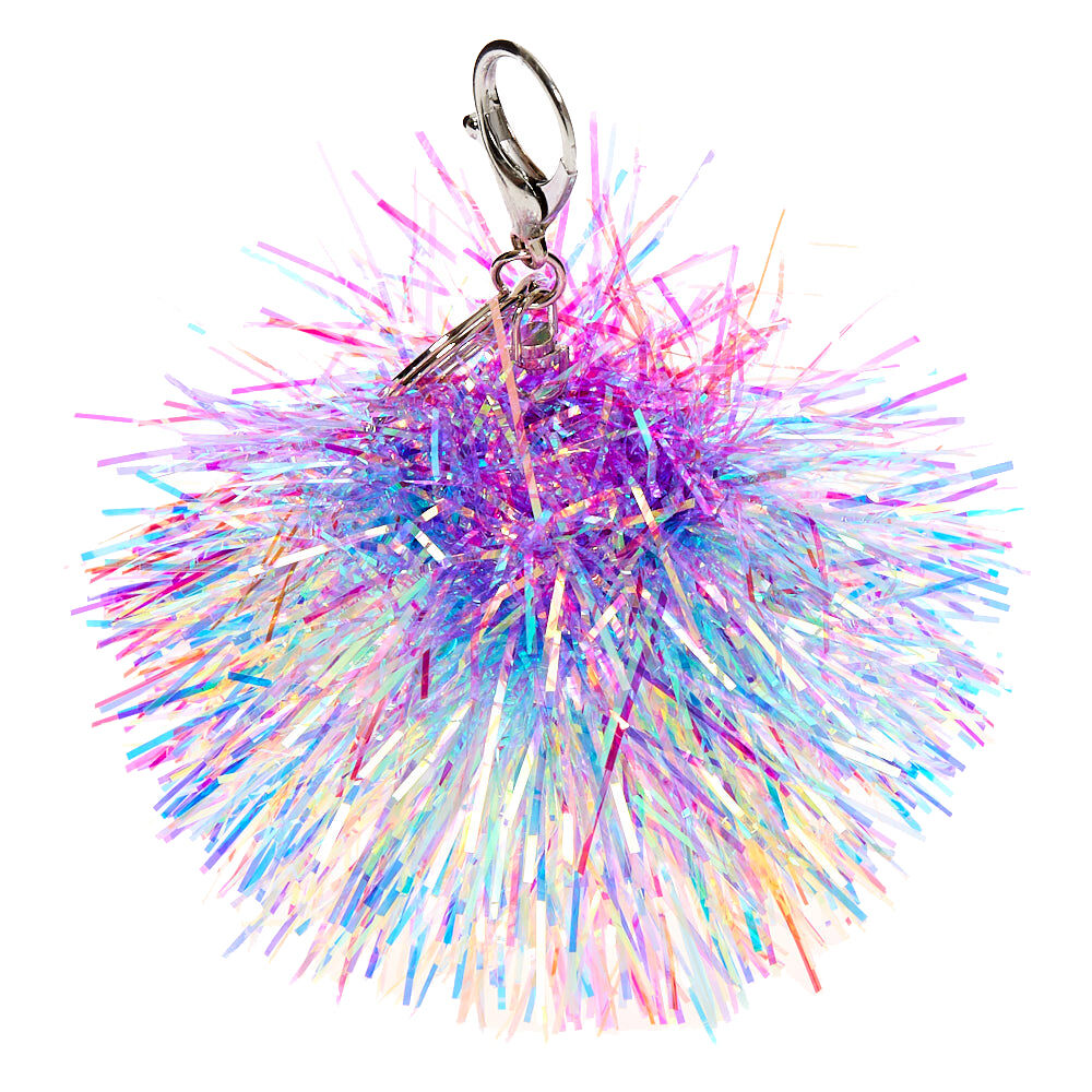 Rainbow Tinsel Pom Pom Keychain,