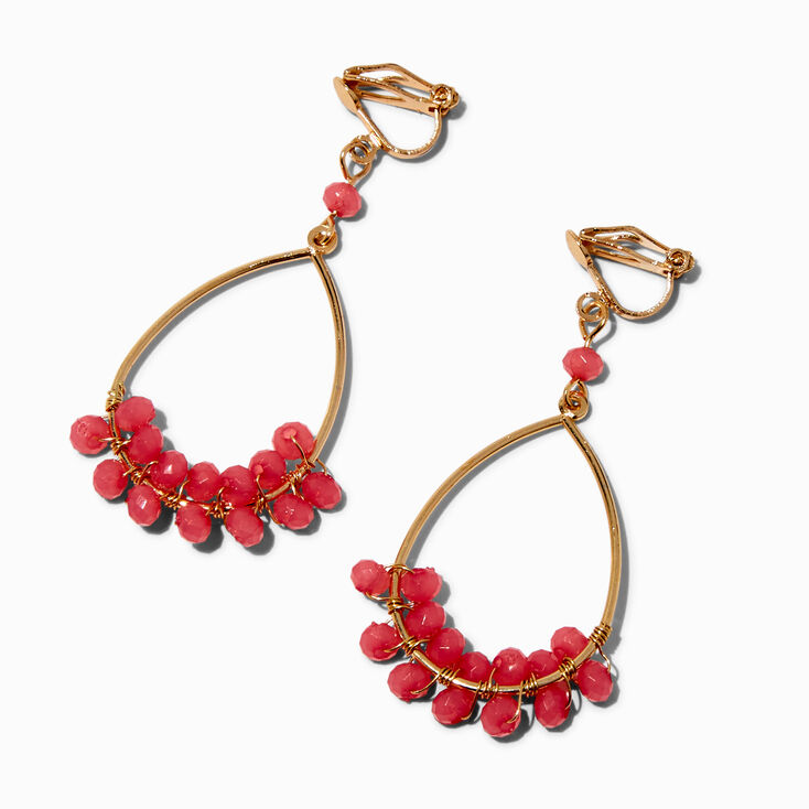 Pink Beaded Gold-tone Hoop Clip On 1.5&quot; Drop Earrings,