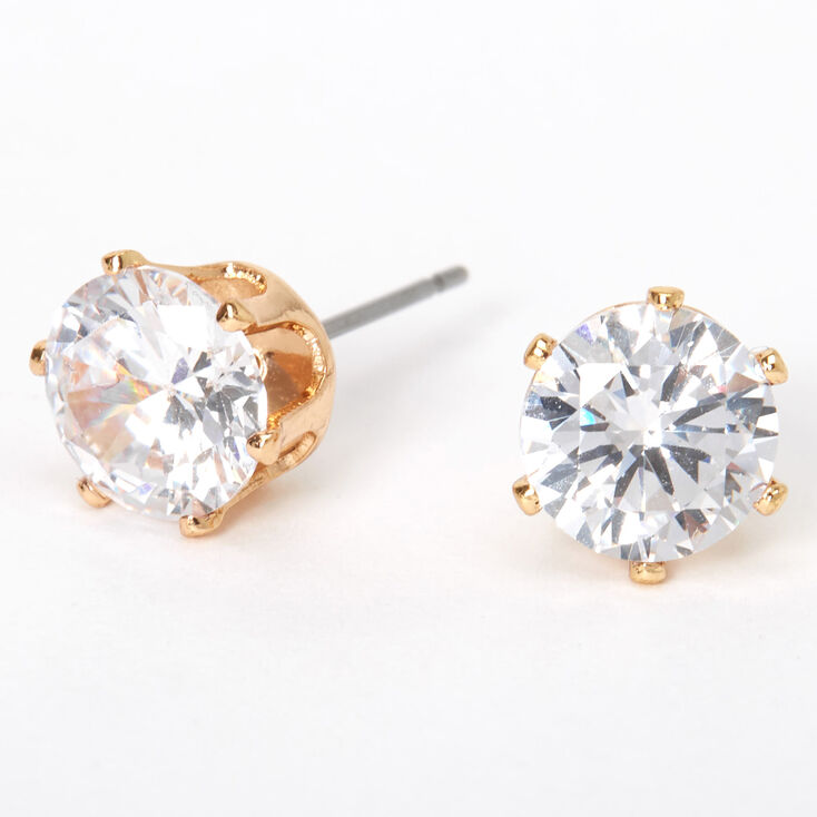 Gold Cubic Zirconia Round Stud Earrings - 8MM,