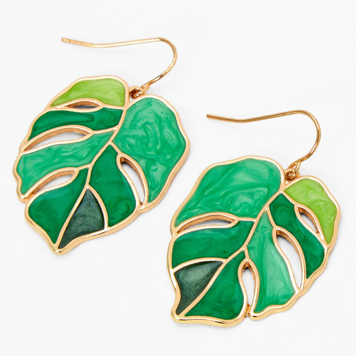 Gold Green Palm Leaf Monstera 1.5&quot; Drop Earrings,