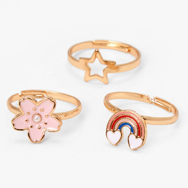 Gold Daisy, Star, &amp; Rainbow Rings - 3 Pack,