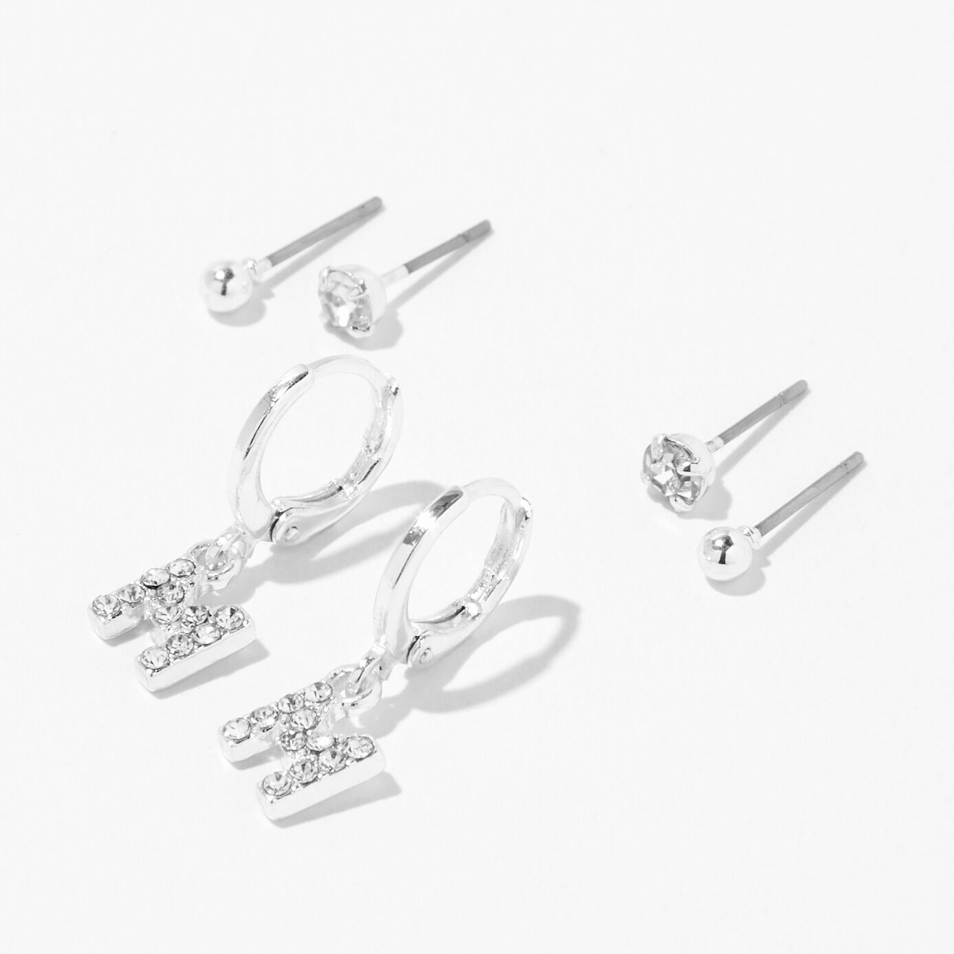 Silver Embellished Initial Huggie Hoop Stud Earrings 3 Pack M