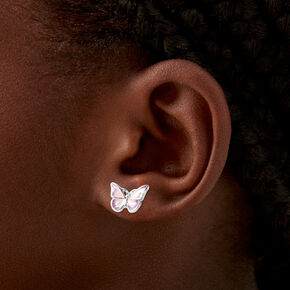 Clous d&#39;oreilles papillon rose et violet d&eacute;grad&eacute; couleur argent&eacute;e,