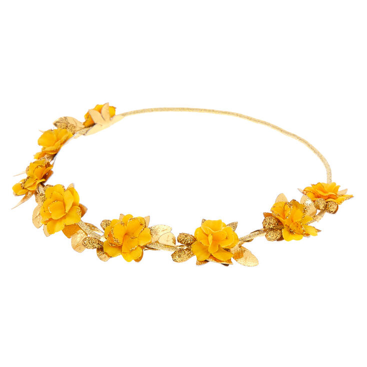 Couronne de fleurs jaune moutarde couleur dor&eacute;,