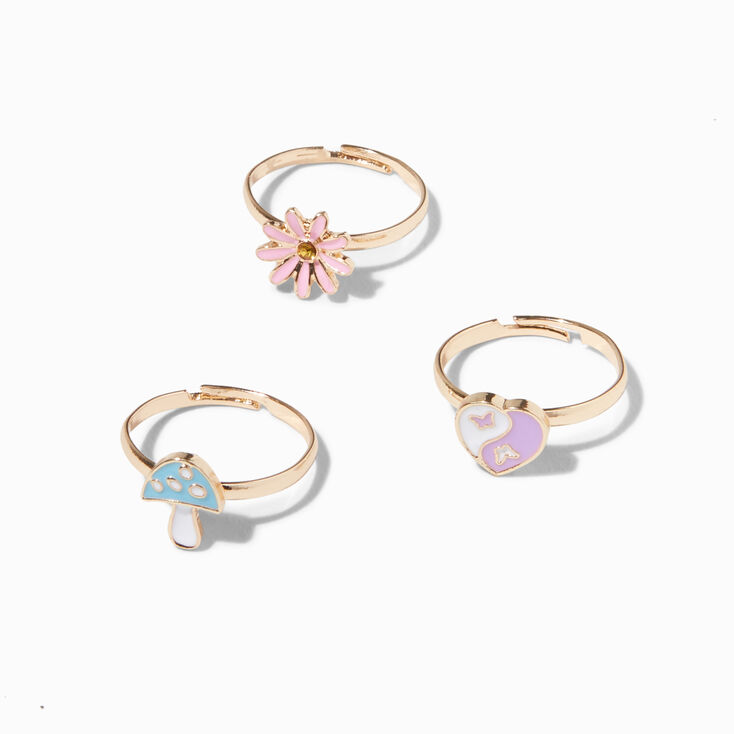 Gold Daisy, Yin Yang Heart, &amp; Blue Mushroom Rings - 3 Pack,