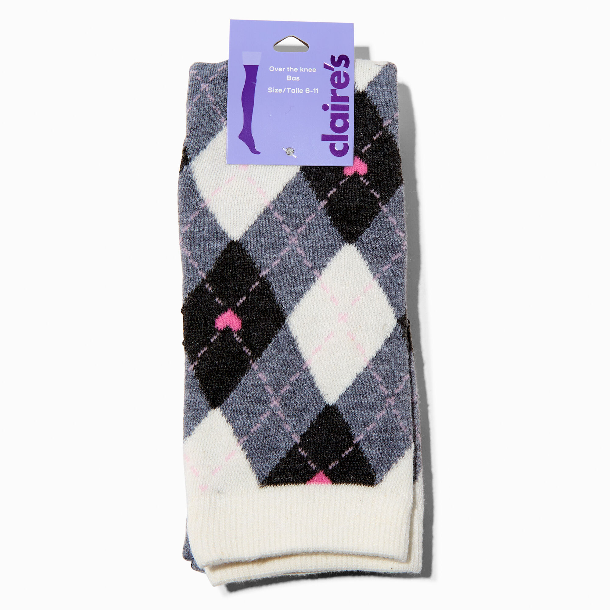 Black White Plaid Pink Heart Over the Knee Socks 1 Pair Claire s