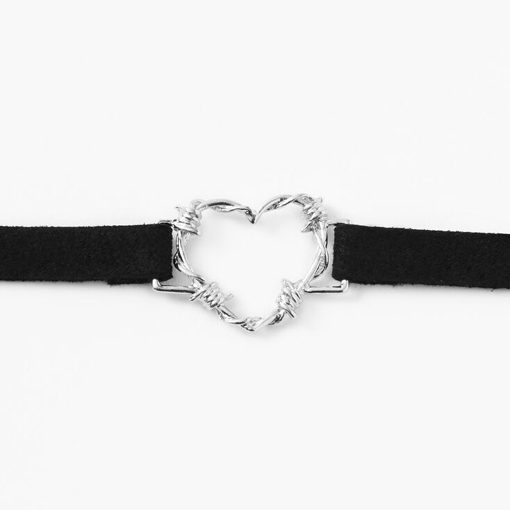 Silver Heart Charm Black Choker Necklace,