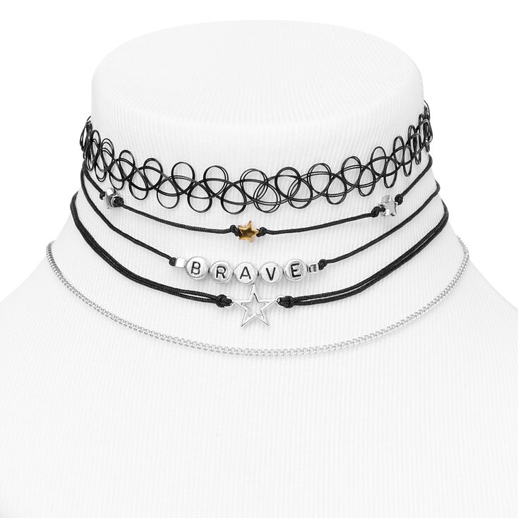 Silver Brave Star Mixed Choker Necklaces - Black, 5 Pack,