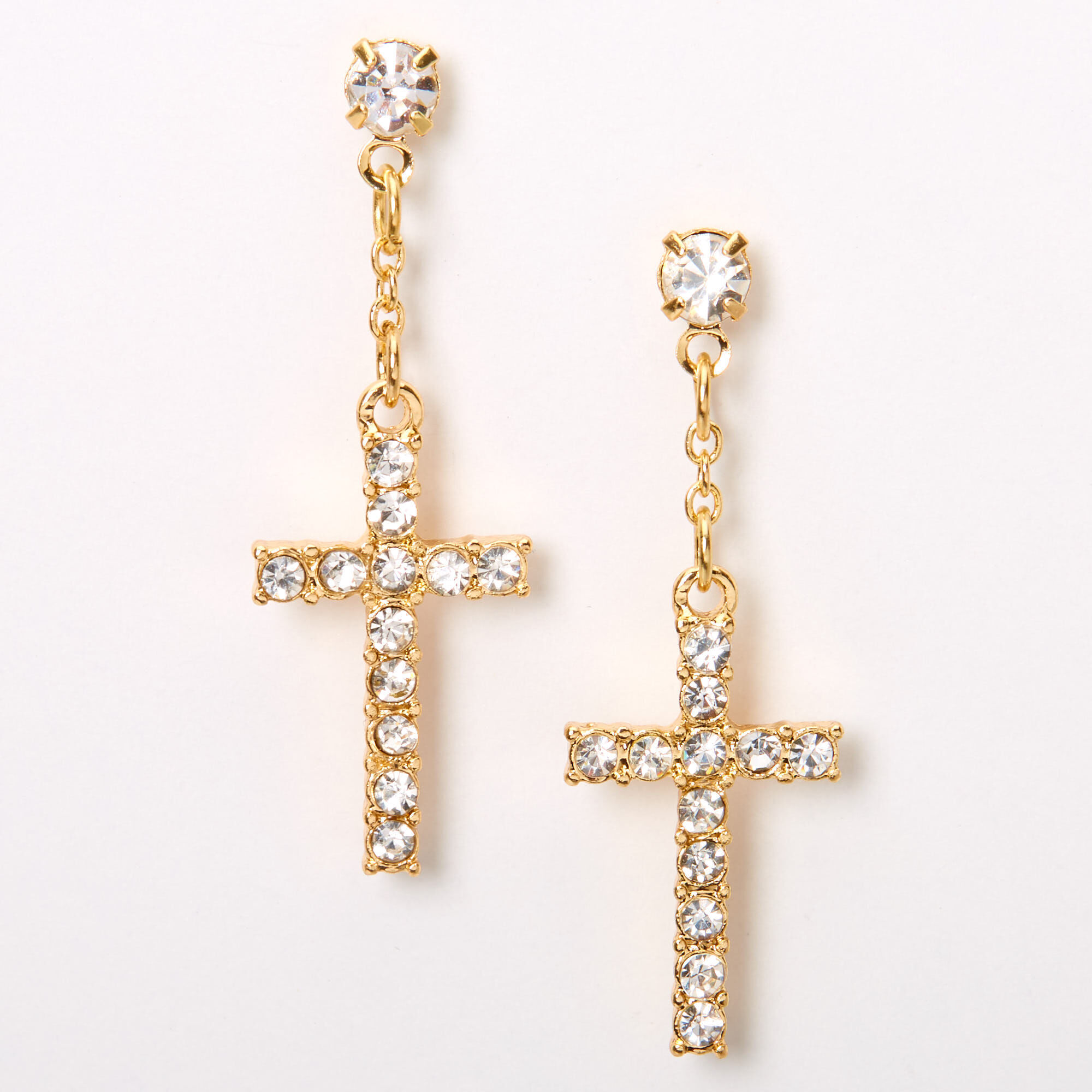 View Claires Tone 1 Embellished Cross Drop Earrings Gold information