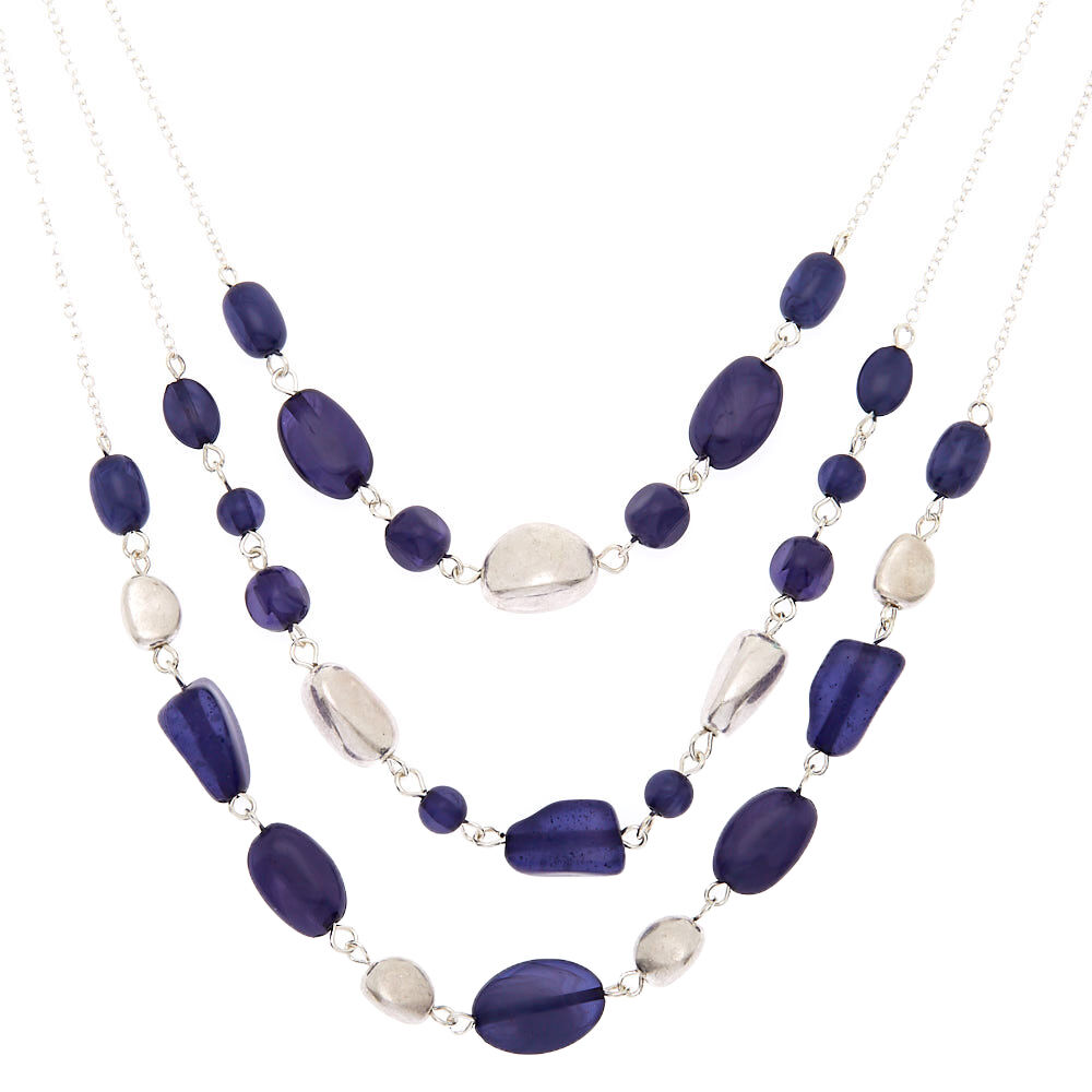 Silver Stone Bead Multi Strand Necklace - Blue,