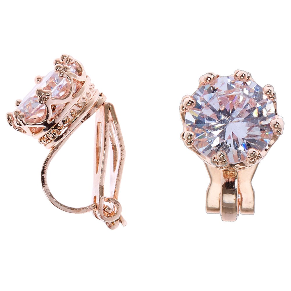 Rose Gold Cubic Zirconia Round Clip On Stud Earrings - 8MM