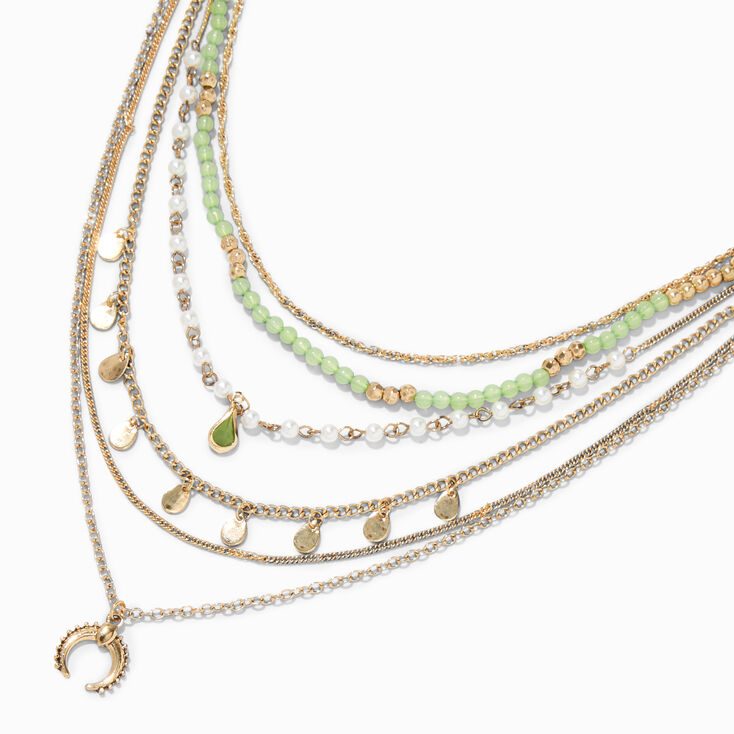 Green Teardrop Burnished Gold Multi-Strand Necklace,