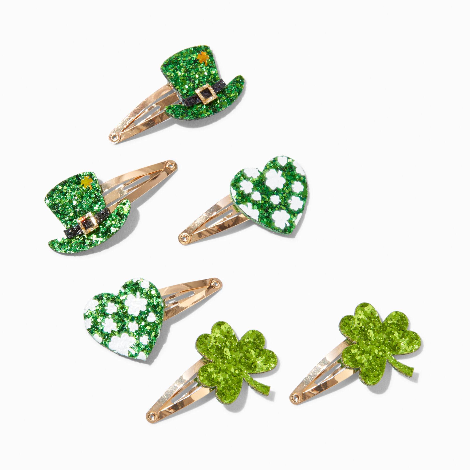 View Claires St Patricks Day Motifs Snap Hair Clips 6 Pack Gold information