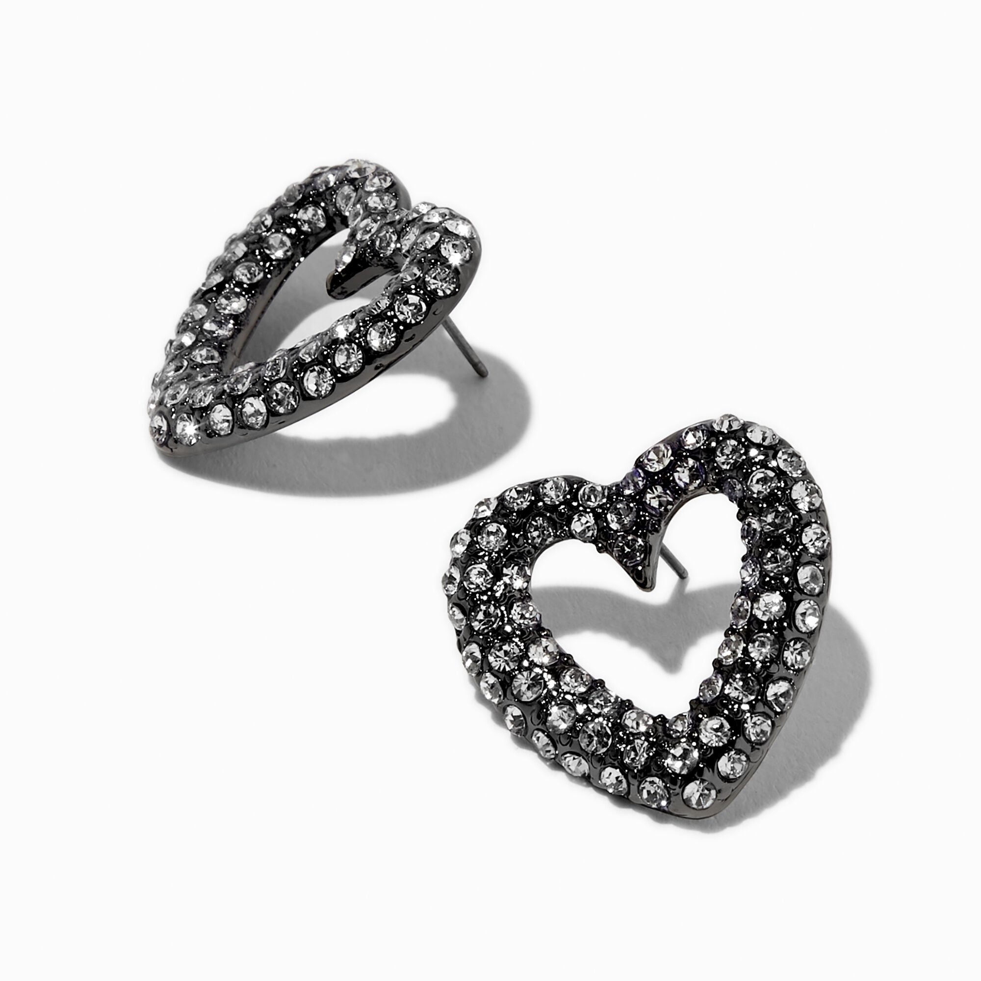 Clous d'oreilles couleur hématite strass cœur ajouré,