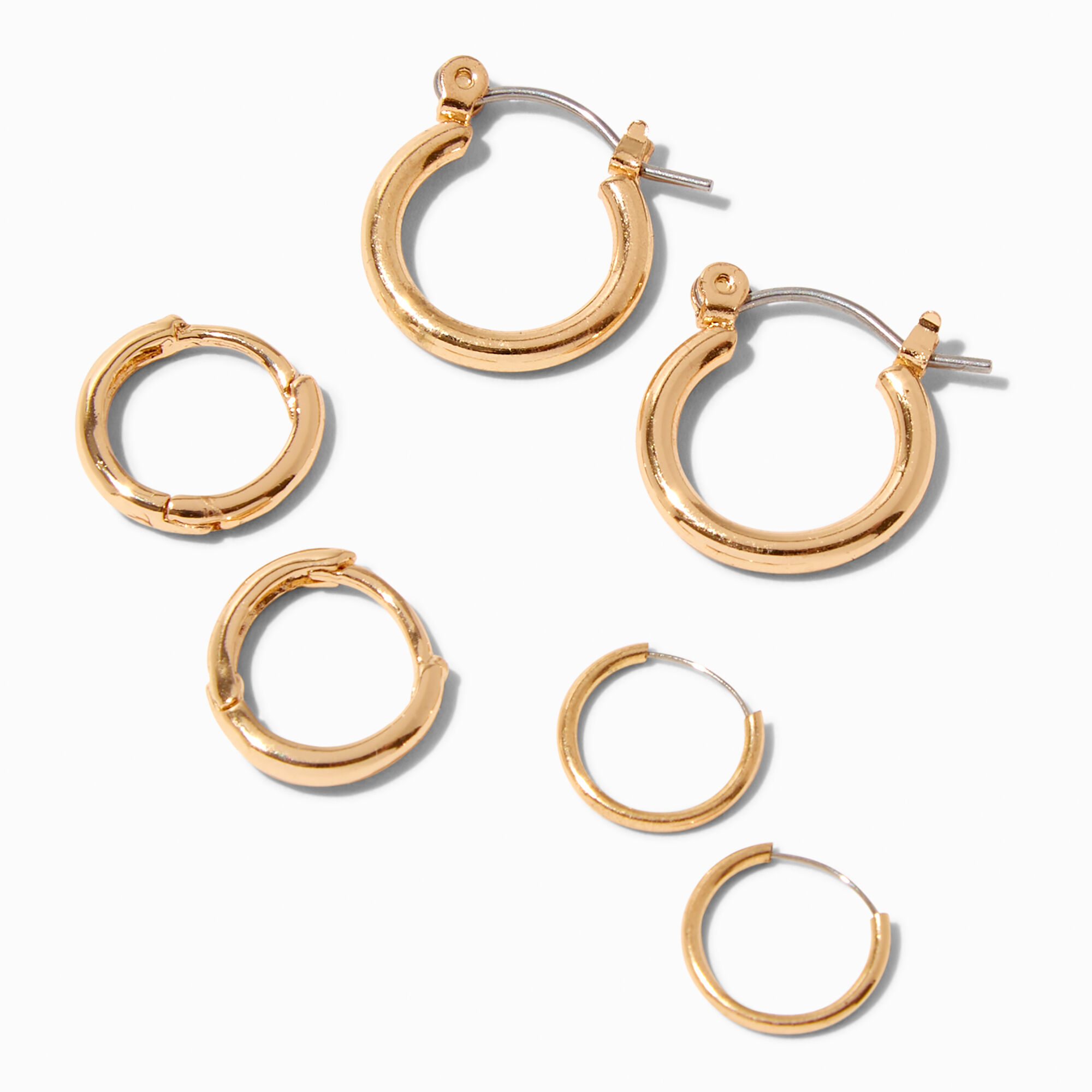 View Claires Tone Graduated Hinge Hoop Earrings 3 Pack Gold information