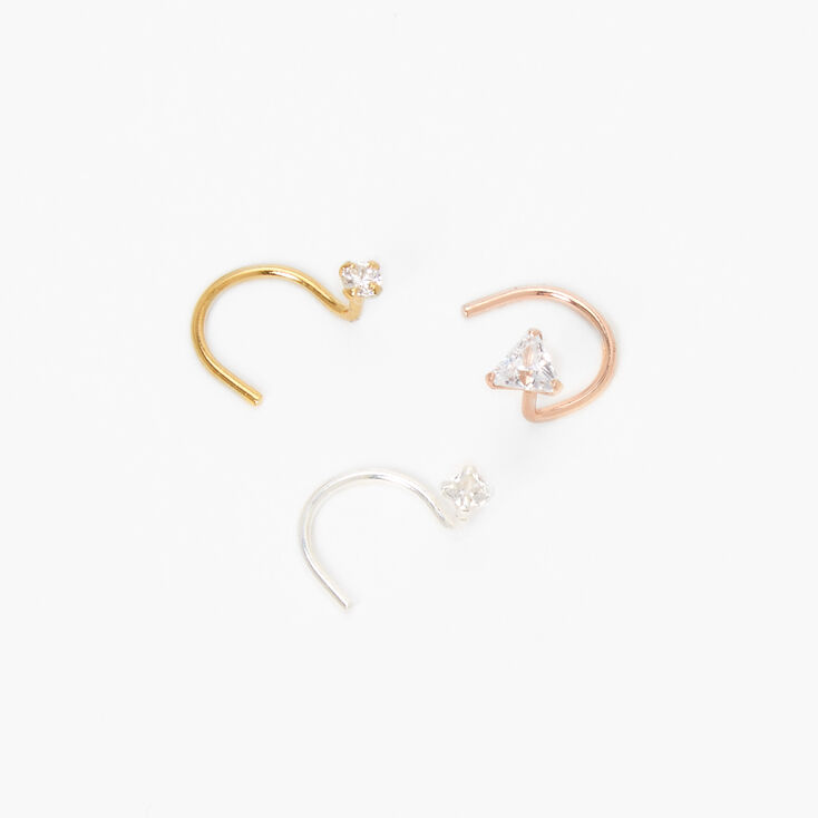 22G Mixed Metal Sterling Silver Geometric Crystal Nose Studs - 3 Pack,