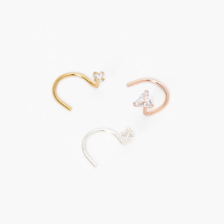 Sterling Silver Geometric Crystal Nose Rings &#40;3 Pack&#41;,