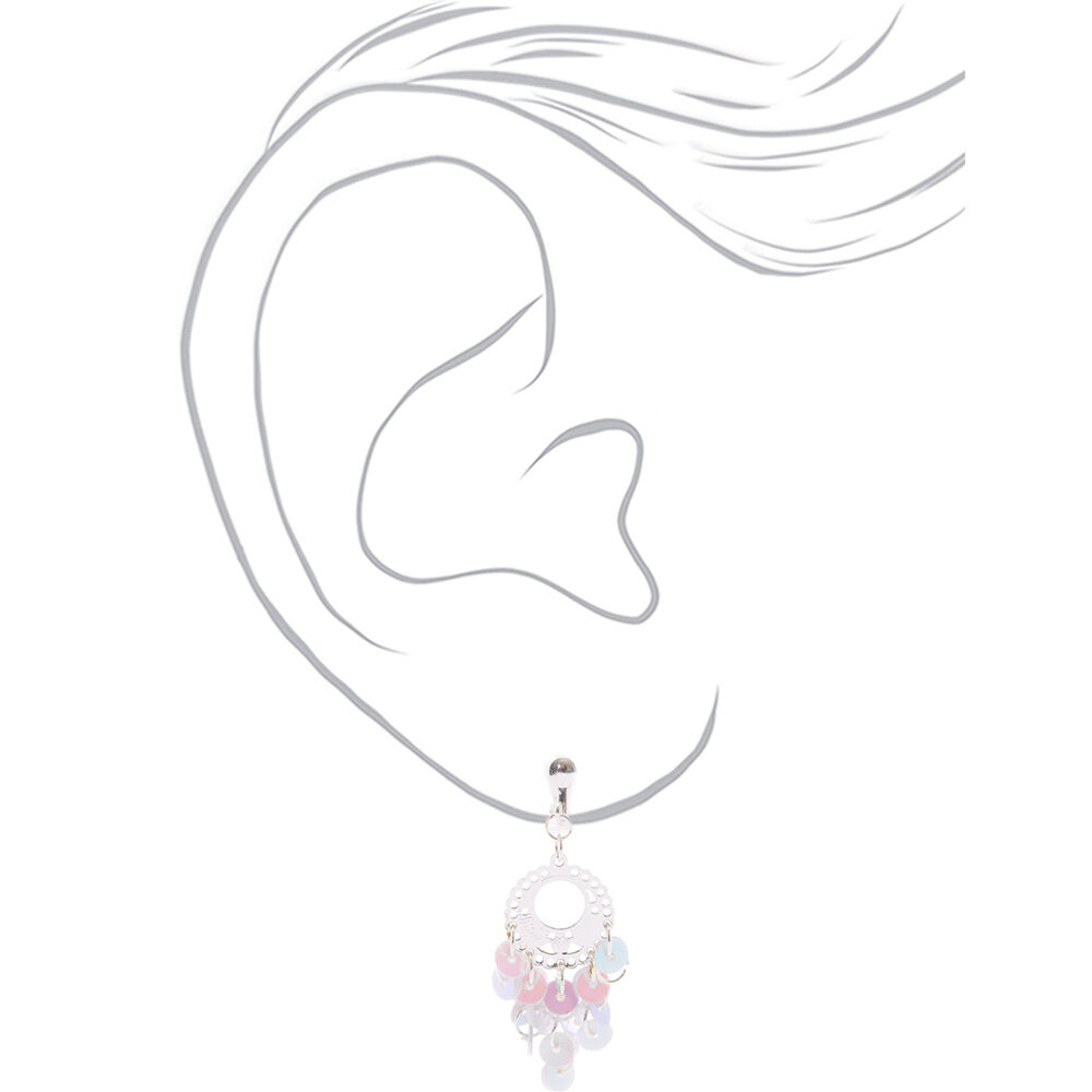 1.5" Iridescent Sequin Chandelier Clip On Drop Earrings,