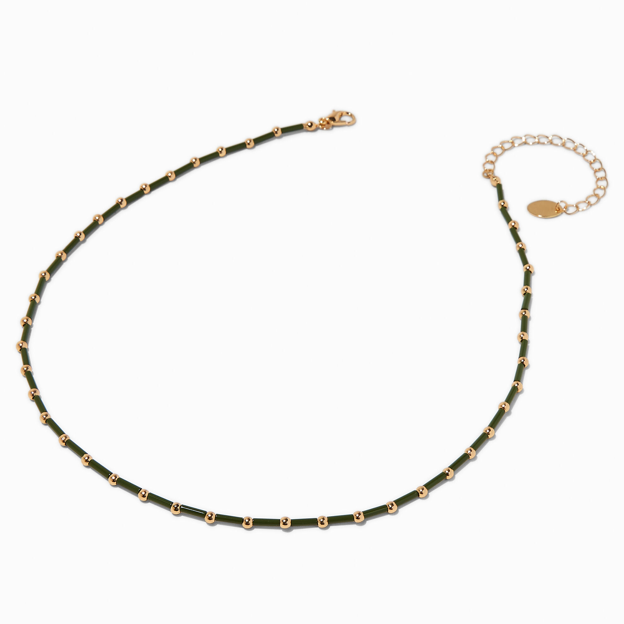 Olive Green Bugle Bead Gold tone Necklace Claire s