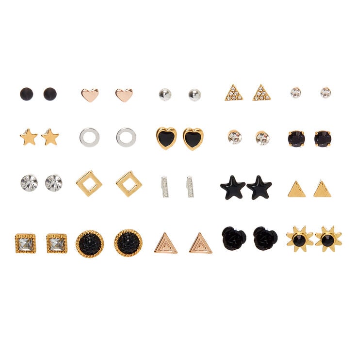Mixed Metal Black &amp; Gold Stud Earrings - 20 Pack,