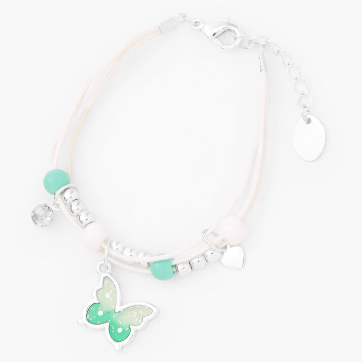Silver &amp; Green Butterfly Charm Multi Strand Bracelet,