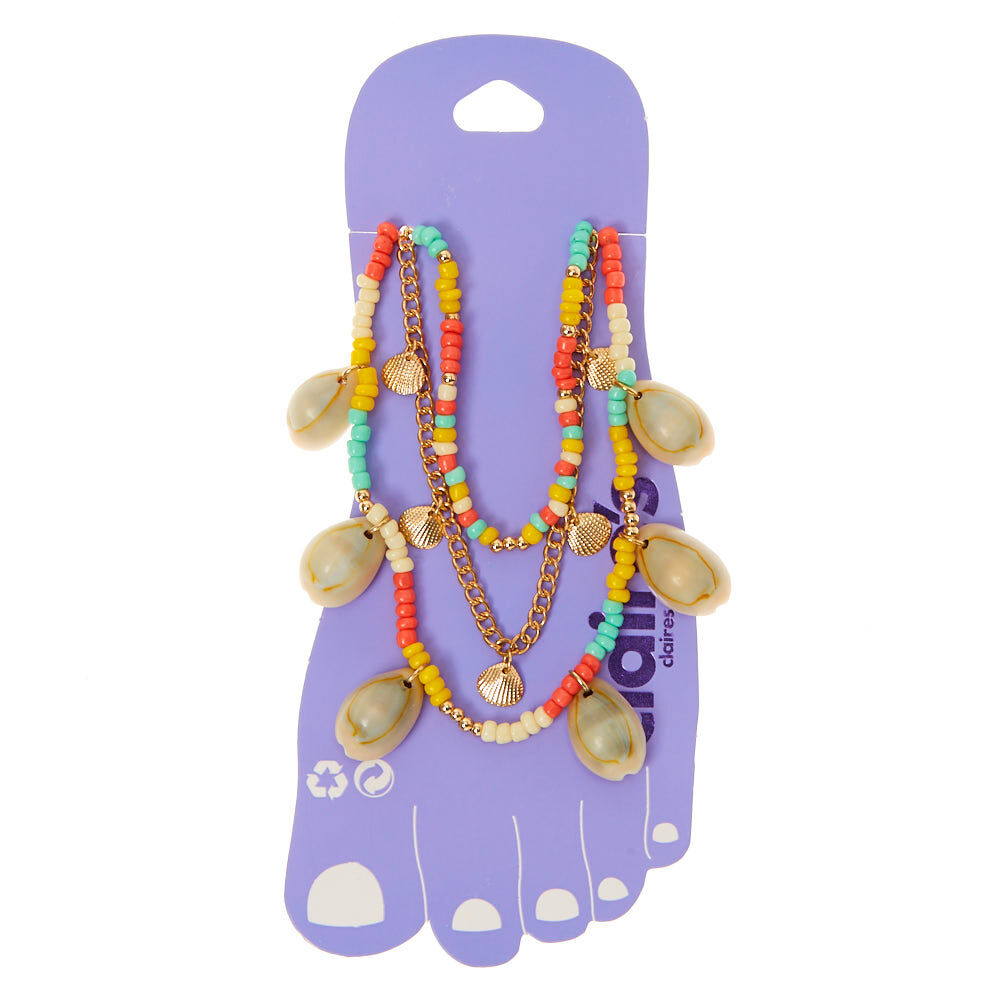 Gold Tropical Beaded Cowrie Shell Multi Strand Anklet,