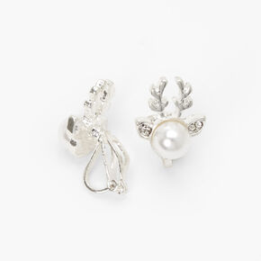 Silver Pearl Reindeer Clip On Stud Earrings,