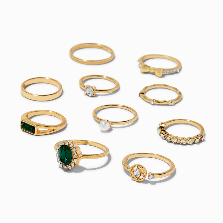 Gold-tone & Emerald Bow Mixed Rings - 10 Pack