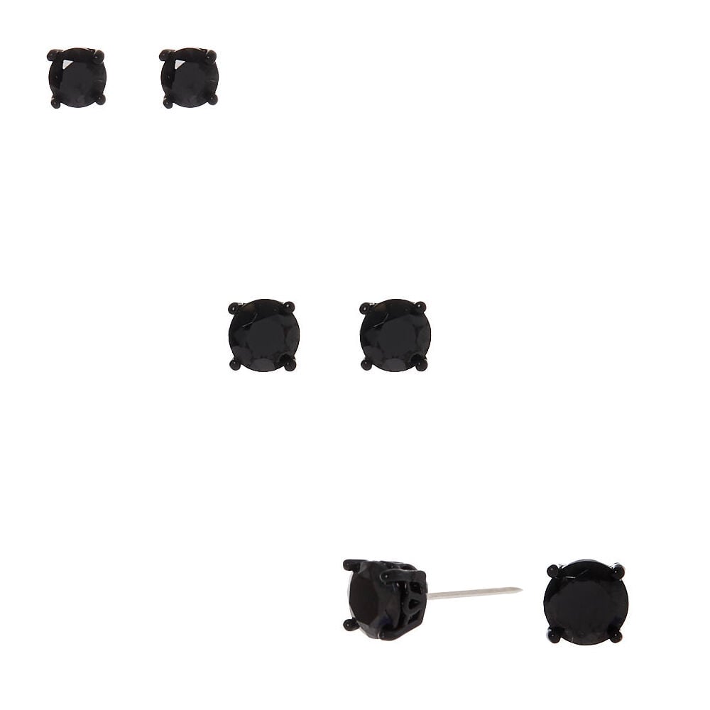 Black Cubic Zirconia 4mm, 5mm, & 6mm Round Stud Earrings - 3 Pack,