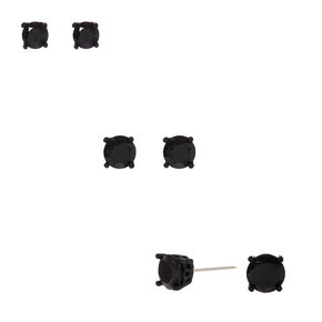 Black Cubic Zirconia 4mm, 5mm, &amp; 6mm Round Stud Earrings - 3 Pack,