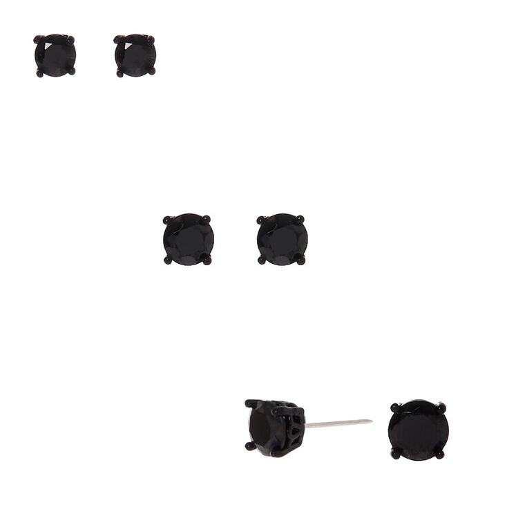 Black Cubic Zirconia 4mm, 5mm, &amp; 6mm Round Stud Earrings - 3 Pack,