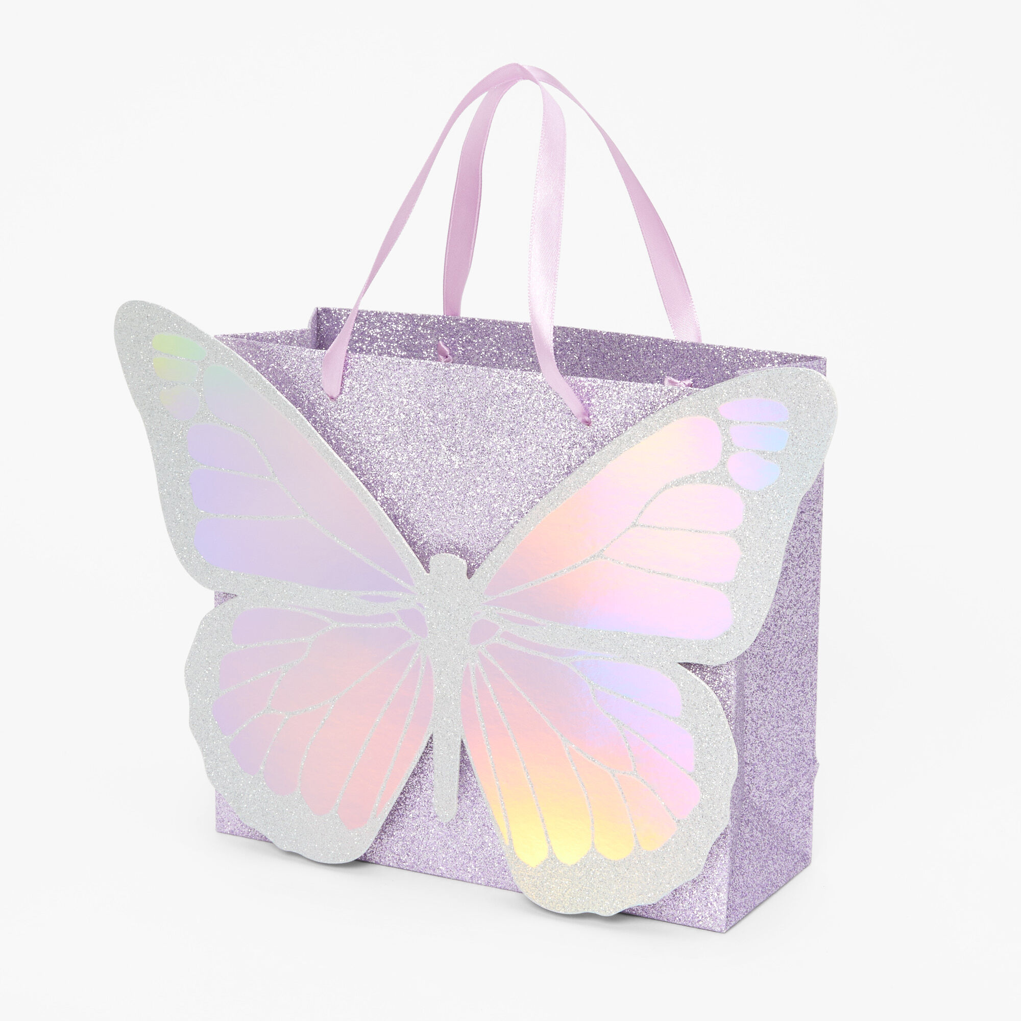 View Claires Medium 3D Glitter Butterfly Gift Bag Purple information